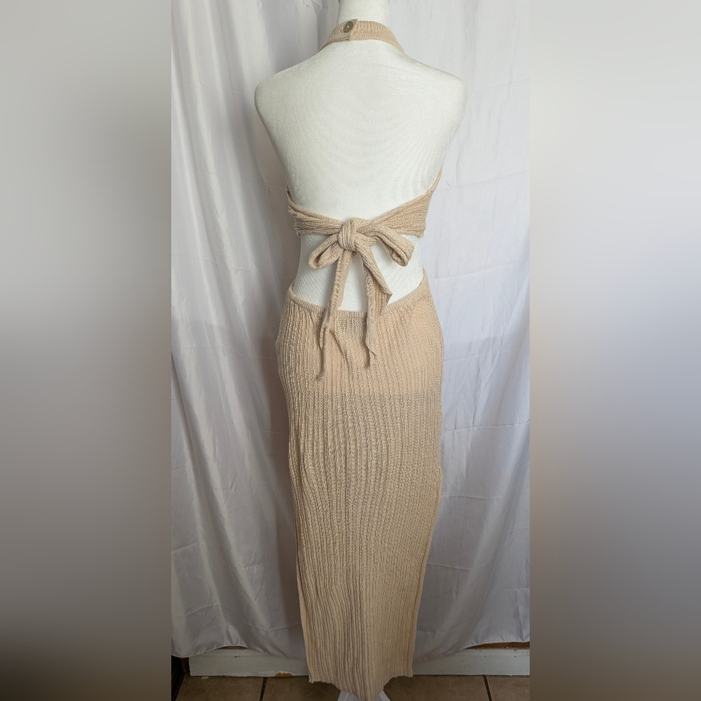 L'Academie Cream Halter Cutout Ribbed Midi Dress Size Small - Picture 4 of 6